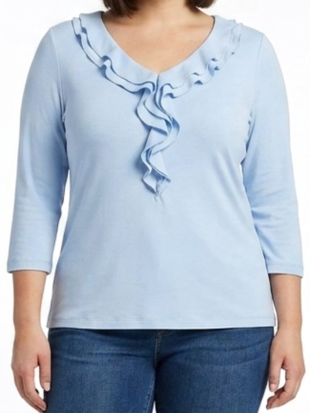 Talbots Ruffle Front Powder Blue 3/4 Sleeve Tee- Sz. Med